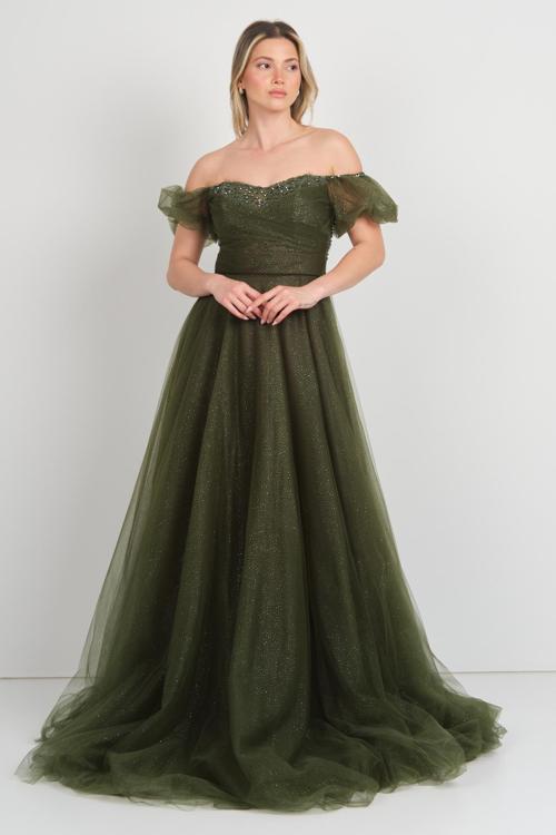 Kadın Düşük Kol Taş İşlemeli Kabarık Model Uzun Abiye Elbise 5700 Haki