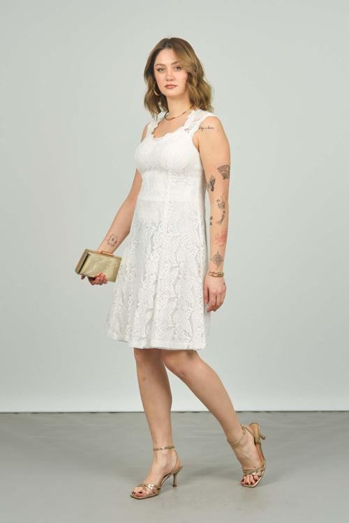 Kadın Dantelli Sırt Detaylı Abiye Elbise 1129 Ekru