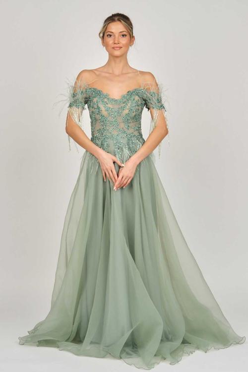 Ömür Inn Kadın Kol Detaylı Uzun Abiye Elbise 6452161 Çağla