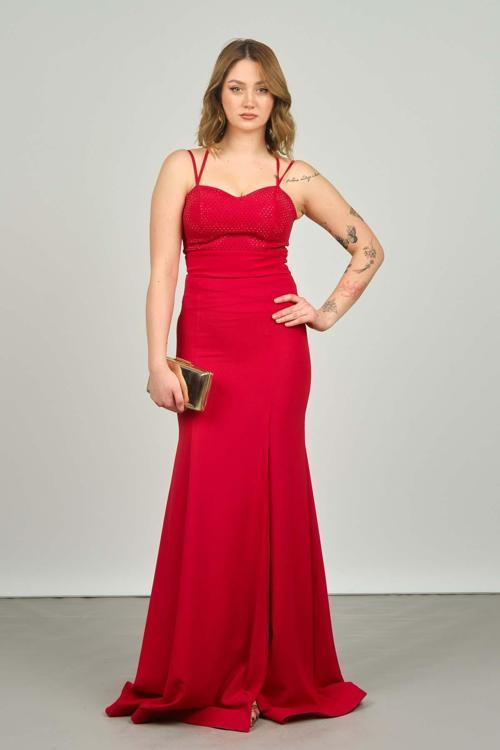 Kadın Önü ve Arkası Taş Detaylı Uzun Abiye Elbise 1821 Kırmızı