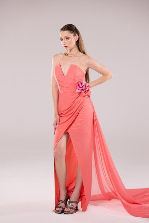 Kadın Straplez Derin V Yaka Uzun Abiye Elbise 55499-02 Karides