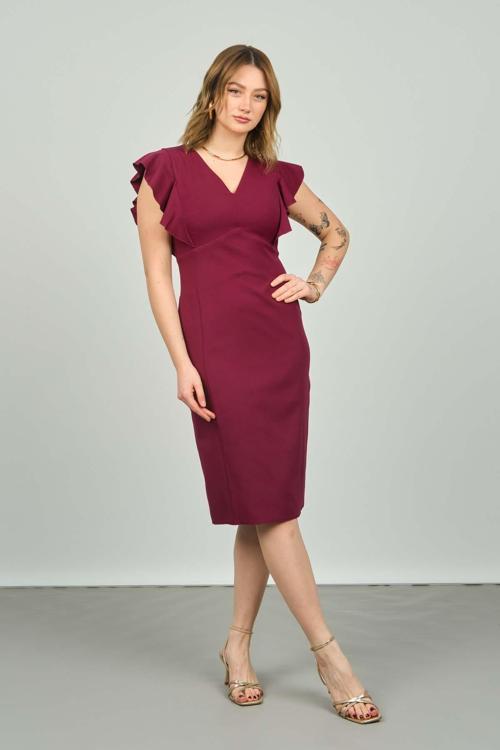 Kadın Beli Kalın Korsajlı Kolları Volanlı Abiye Elbise 1562 Mürdüm