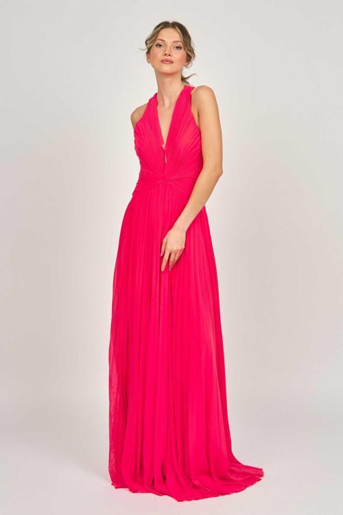 Kadın Boyundan Bağlamalı Uzun Abiye Elbise 5437671 Nar Çiçeği