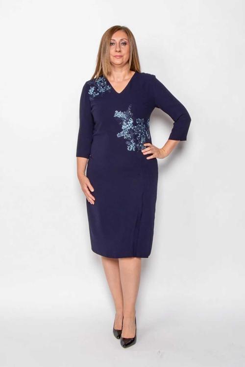 Kadın Büyük Beden İthal Nakış Aplike İşlemeli Abiye Elbise 4205 Lacivert