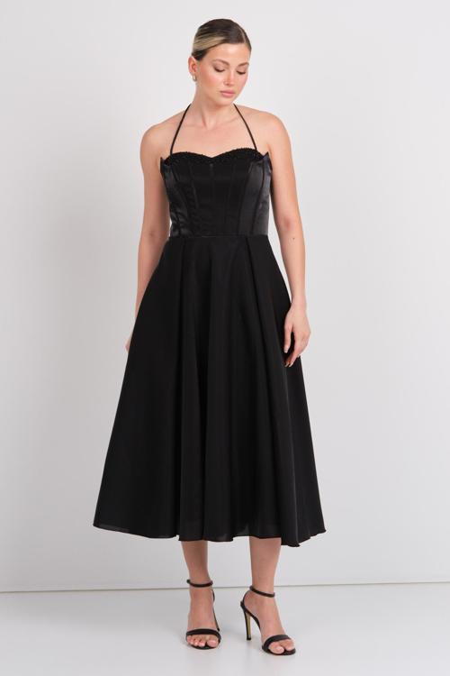 Kadın Boyundan Bağlamalı Taş Detaylı Midi Boy Abiye Elbise 5640 Siyah