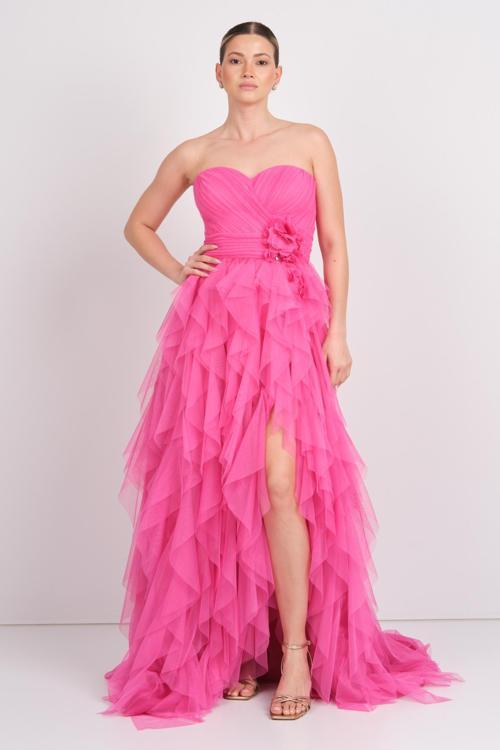 Ömür Inn Kadın Straplez Eteği Katlı Maxi Abiye Elbise 5385 Fuşya