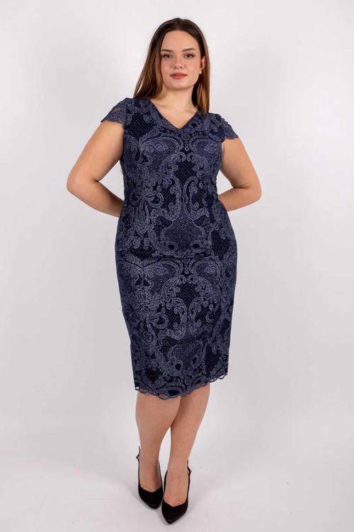 Kadın Büyük Beden Desenli Abiye Elbise 4220 Lacivert