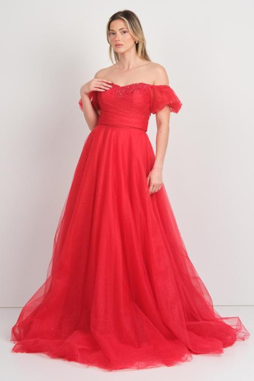 Kadın Düşük Kol Taş İşlemeli Kabarık Model Uzun Abiye Elbise 5700 Kırmızı