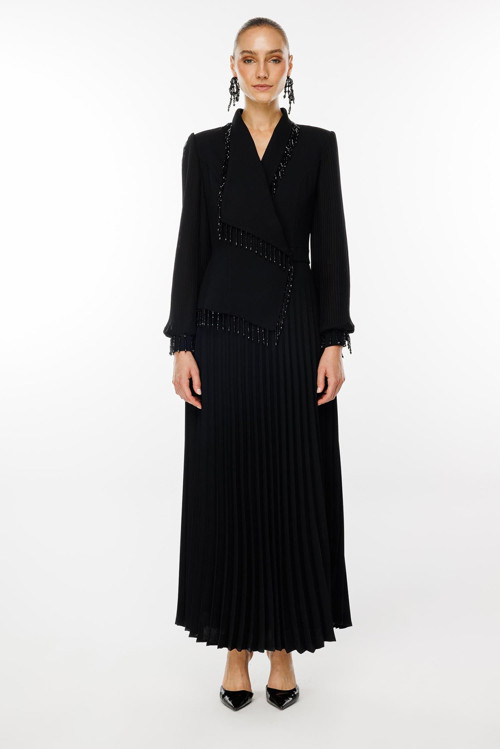 Kadın Boncuk Detaylı Piliseli Uzun Elbise 6073 Siyah