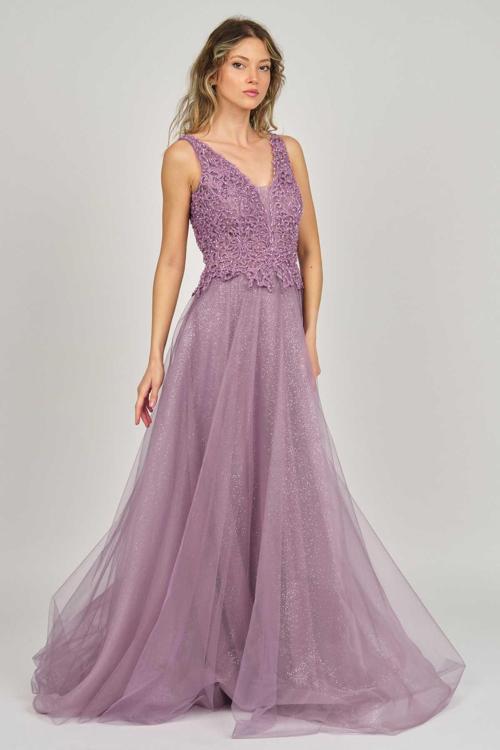 Kadın Dantel Detaylı Uzun Abiye Elbise 0991377 Lila