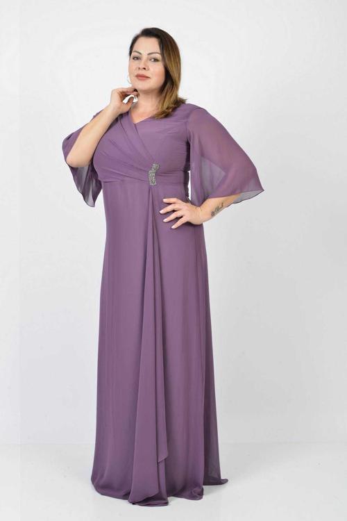 Kadın Büyük Beden Şifon Uzun Abiye Elbise 5489407 Lavanta