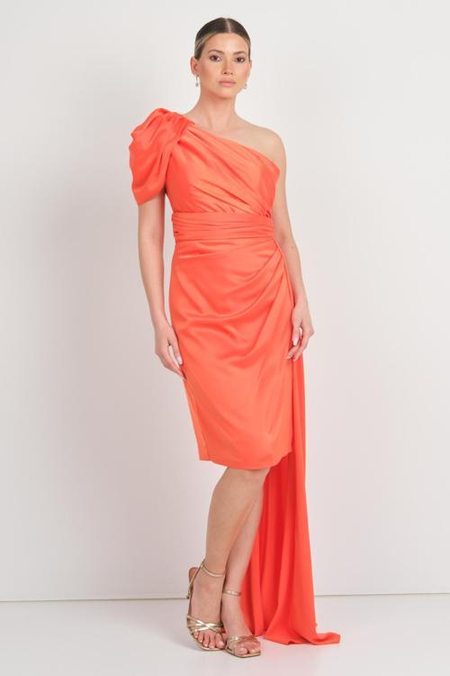 Kadın Tek Omuz Detaylı Yandan Kuyruklu Abiye Elbise 3474 Şeftali