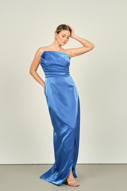 Kadın Taş Zincir Askılı Balık Form Saten Abiye Elbise 4547 Saks