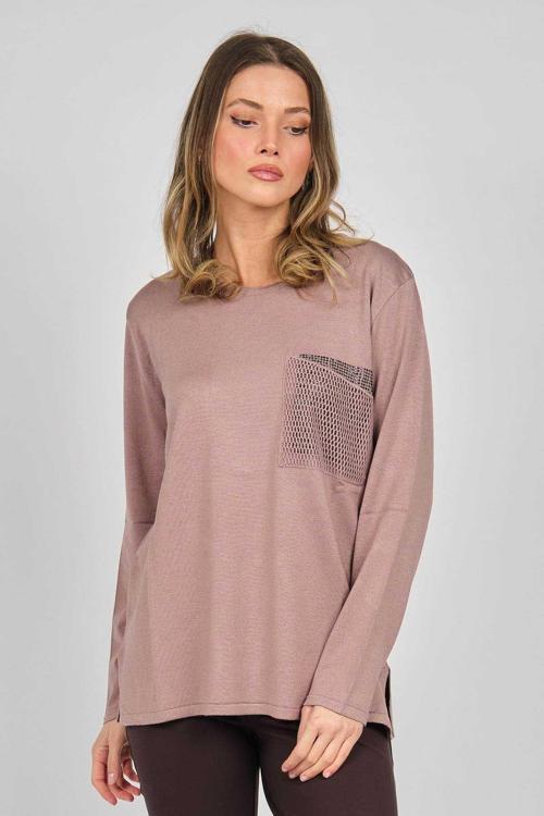 Triko Kadın Taşlı Cep Detaylı Bisiklet Yaka Kazak 3998216 Pudra