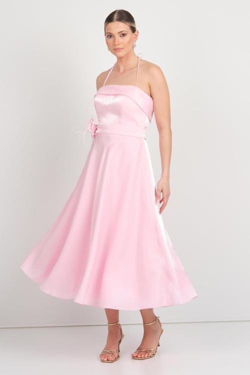 Kadın Boyundan Bağlamalı Çiçek Detaylı Midi Abiye Elbise 4576 Pembe