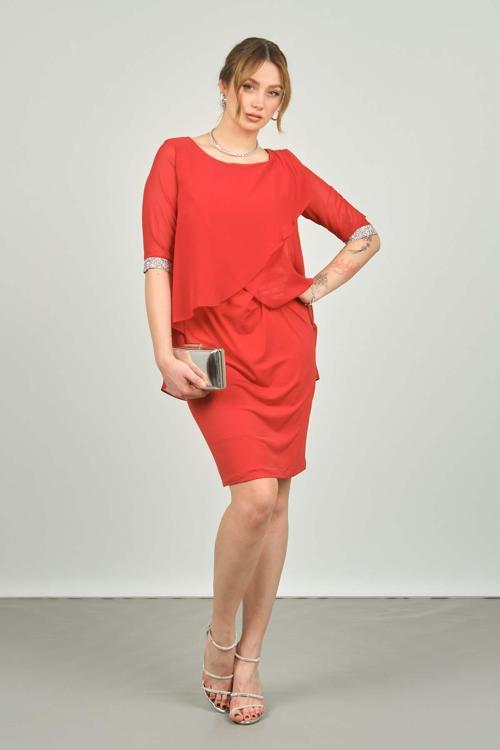Kadın Sıfır Yaka Üstü Şifon Kol Manşetli Taşlı Abiye Elbise 1987 Kırmızı