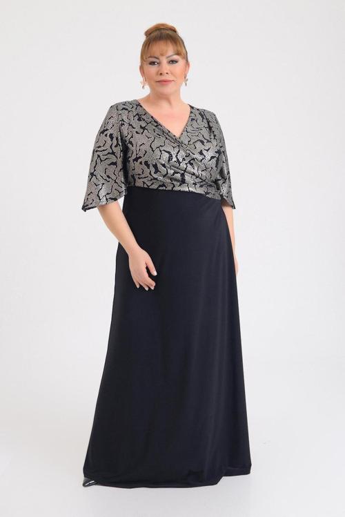 Kadın Büyük Beden Kruvaze Yaka Kısa Kollu Uzun Abiye Elbise 9670 Siyah
