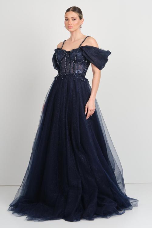 Kadın Düşük Kollu ve Askılı Taş İşlemeli Kabarık Tül Maxi Abiye Elbise 5490 Lacivert