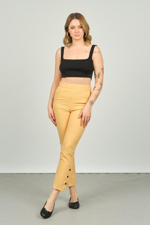 Kadın Paçaları Düğmeli Dar Kalıp Pantolon 6001 Sarı