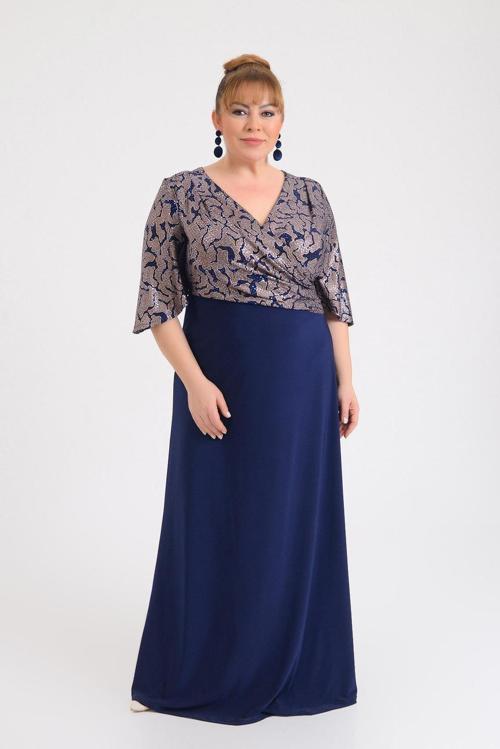 Kadın Büyük Beden Kruvaze Yaka Kısa Kollu Uzun Abiye Elbise 9670 Lacivert