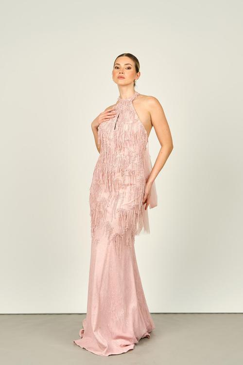 Ömür Inn Kadın Halter Yaka Boncuk İşlemeli Sırt Detaylı Balık Form Abiye Elbise 4298 Pudra