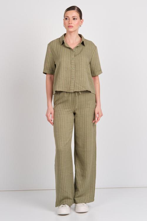 Kadın Jdypower Belden Bağlamalı Çizgili Bol Paça Pantolon 15347074 Yeşil