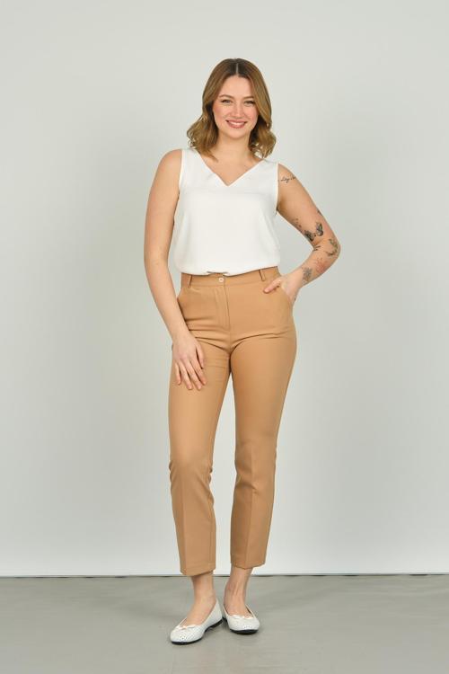 Kadın Çift Cep Bilek Boy Dar Paça Pantolon 7002 Camel