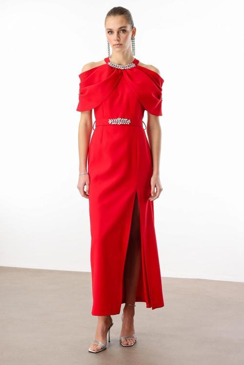 Kadın Yakası ve Kemeri Aksesuar Detaylı Elbise 0007 Kırmızı