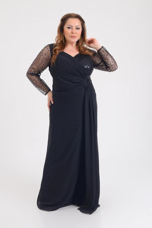 Kadın Büyük Beden Şifon Uzun Abiye Elbise 9651 Siyah