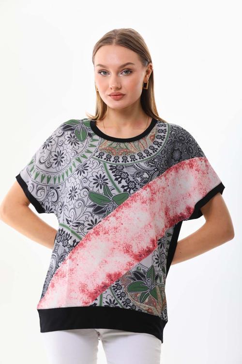 Triko Kadın Desenli Kısa Kol Penye Bluz 19288 Siyah