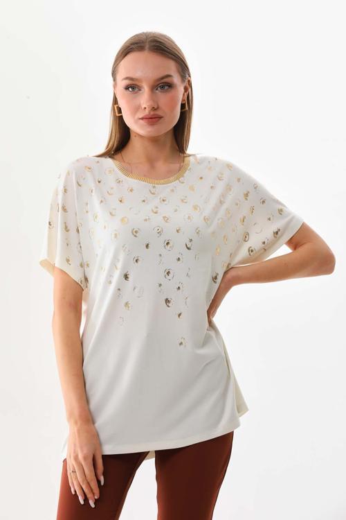 Triko Kadın Desenli Kısa Kol Penye Bluz 19152 Ekru