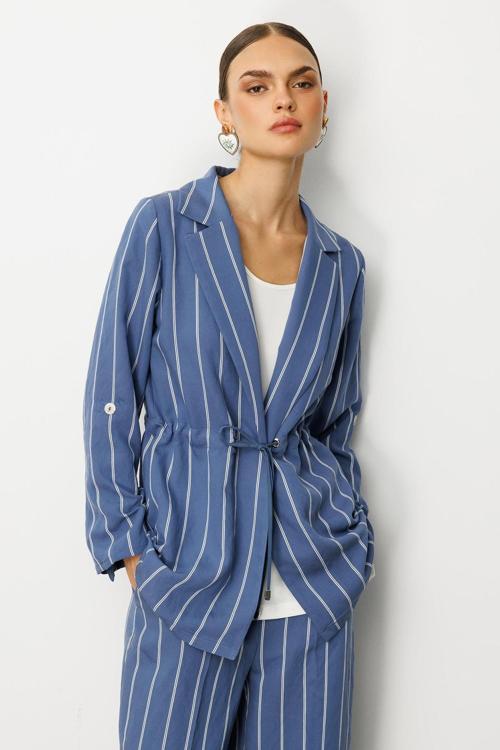 Kadın Mono Yaka Safari Kol Beli Tünel Bağcıklı İçi Bluzlu İkili Tunik 5020 Indigo