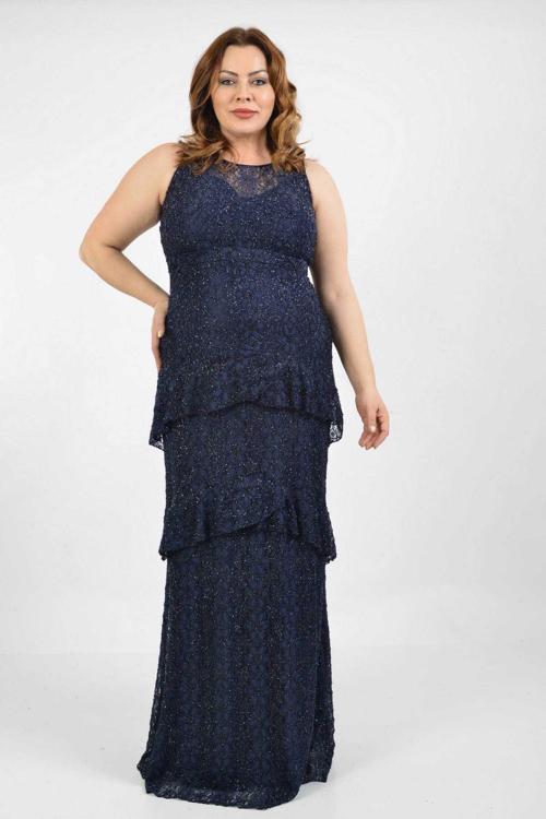 Kadın Büyük Beden Likralı Simli Dantel Uzun Elbise 5489309 Lacivert