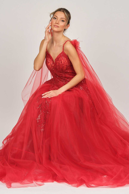 Ömür Inn Kadın Askılı Tül Detaylı Uzun Abiye Elbise 6451303 Kırmızı