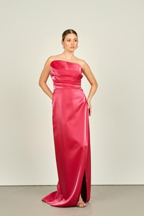 Kadın Taş Zincir Askılı Balık Form Saten Abiye Elbise 4547 Kırmızı