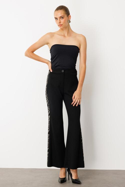 Kadın Taş Şeritli Bol Paça Pantolon 0065 Siyah