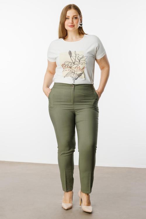 Kadın Büyük Beden Arka Beli Lastikli Pantolon 30023 Haki