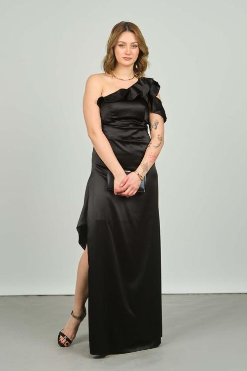 Kadın Tek Omzu ve Kolu Volanlı Saten Abiye Elbise 1833 Siyah