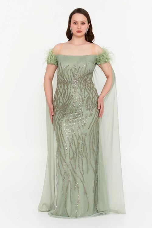 Ömür Inn Kadın Büyük Beden Düşük Omuz Pelerin Detaylı Abiye Elbise 4260 Çağla