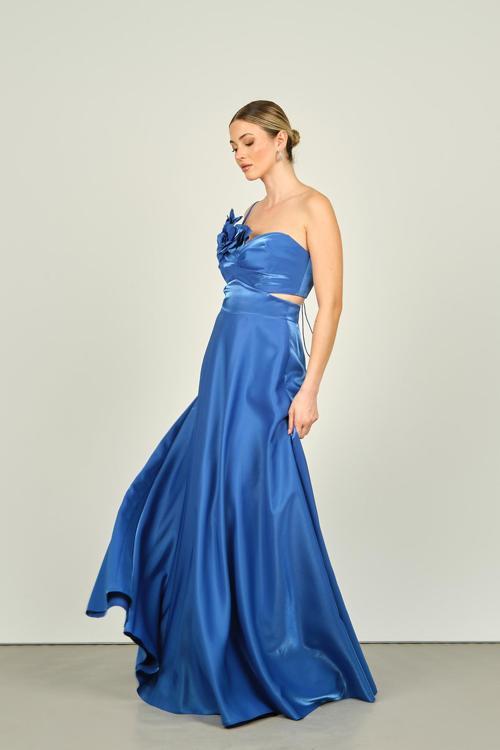 Kadın Tek Omuz Askılı Sırttan İp Bağlamalı Saten Abiye Elbise 4591 Saks