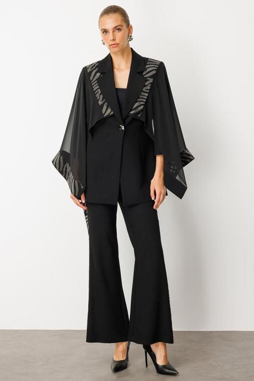 Kadın Şifon Pelerin Detaylı Taş İşlemeli Ceket 0065 Siyah