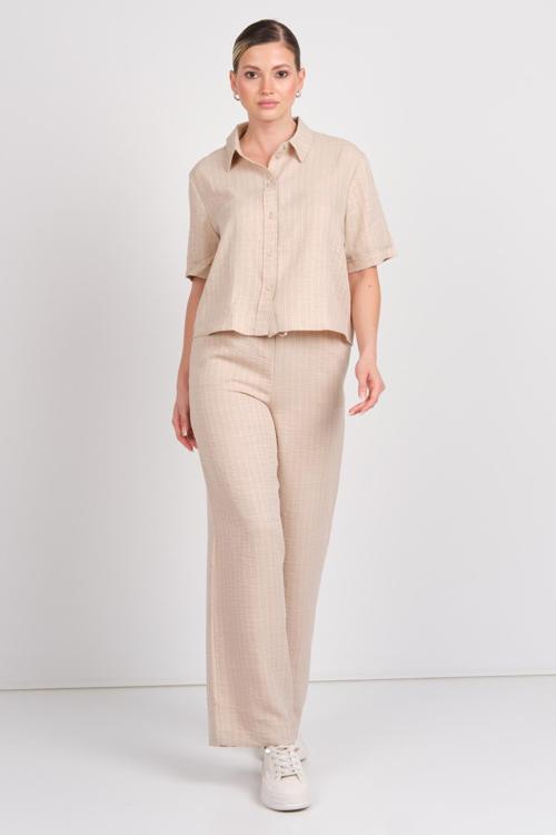 Kadın Jdypower Belden Bağlamalı Çizgili Bol Paça Pantolon 15347074 Bej