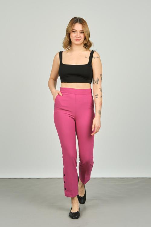 Kadın Paçaları Düğmeli Dar Kalıp Pantolon 6001 Fuşya