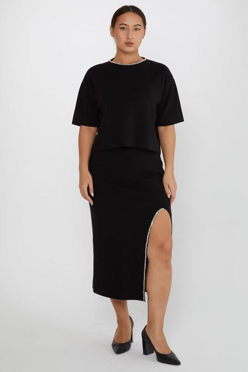 Kadın Kristal Taşlı Yırtmaç Detaylı İkili Triko Takım 31302 Siyah