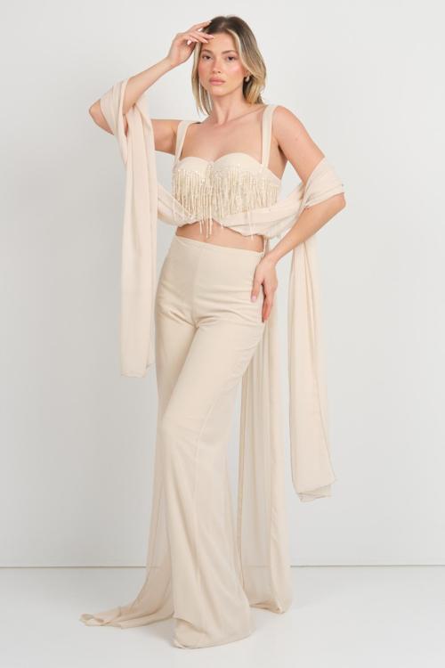 Ömür Inn Kadın Üst Taşlı Büstiyer Alt Şifon Abiye Tulum 4258 Şampanya