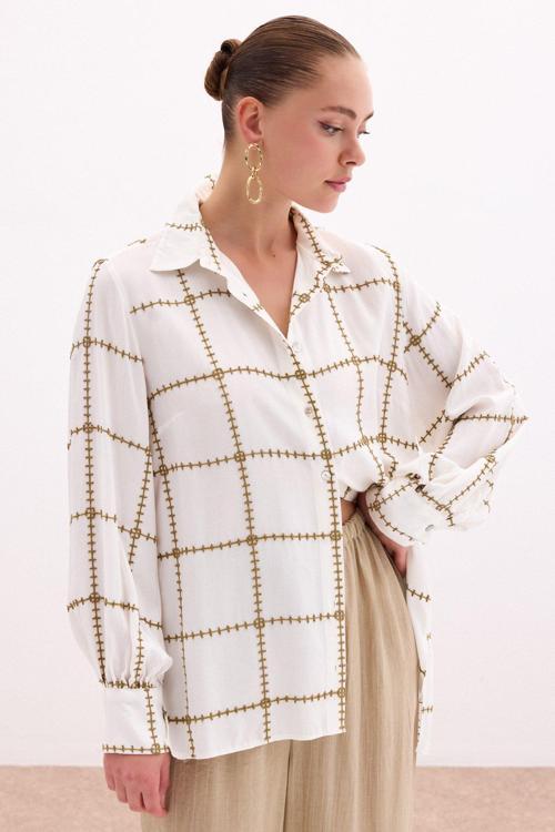 Nakış Detaylı Viskon Gömlek - Haki