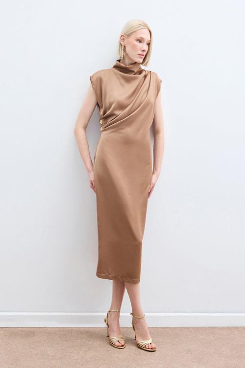 Düğme Detaylı Uzun Elbise - Camel