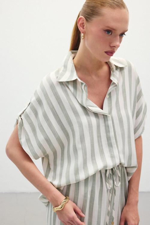 Çizgili Kısa Kol Gömlek - Haki