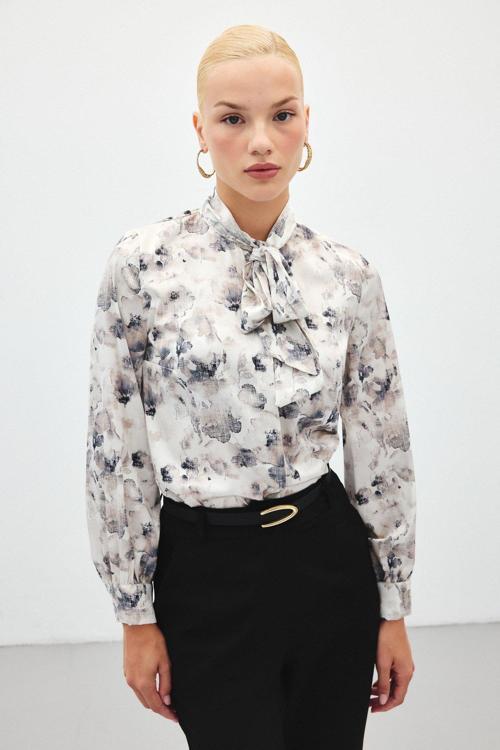 Fularlı Emprime Gömlek - Gri