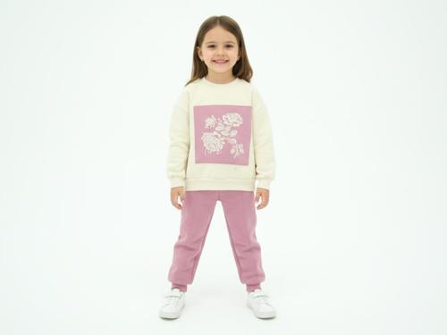 PARÇALI ÇİÇEK BASKILI ÜÇ İPLİK ŞARDONLU ALT ÜST TAKIM - BRK2313-Gül Kurusu-4 Yaş Gül Kurusu